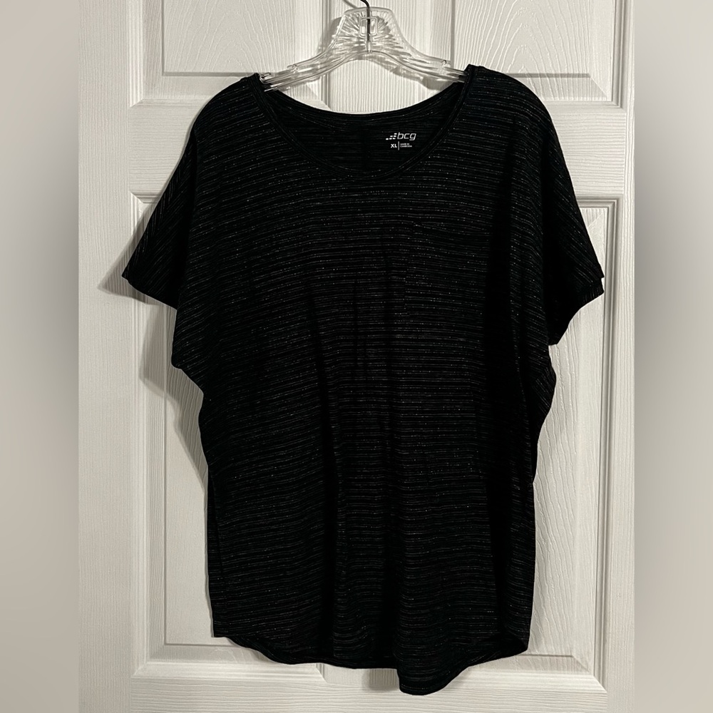 Bcg Women’s Short Sleeve Black W/Silver Metallic DetailsXl Round Neck Pocket Tee